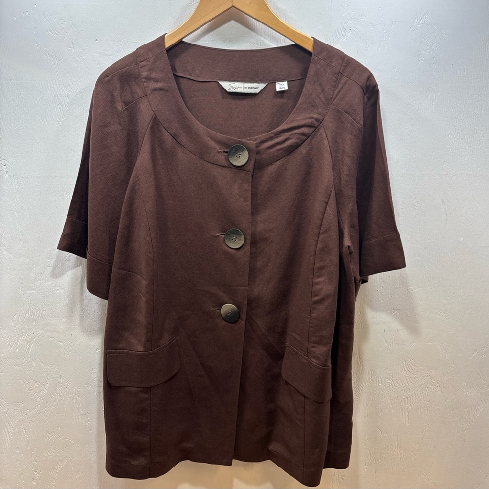 Avenue Linen Chocolate Brown Retro Style Button Down Short Sleeve Shirt SZ 18/20